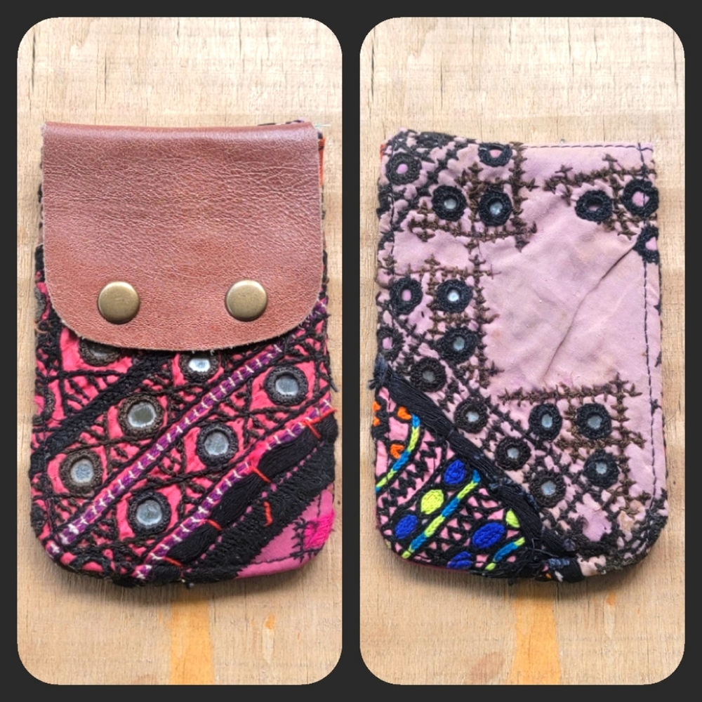🧠🍳 Free People Boho Embroidered Repurposed vtg banjara hippie Wallet card case